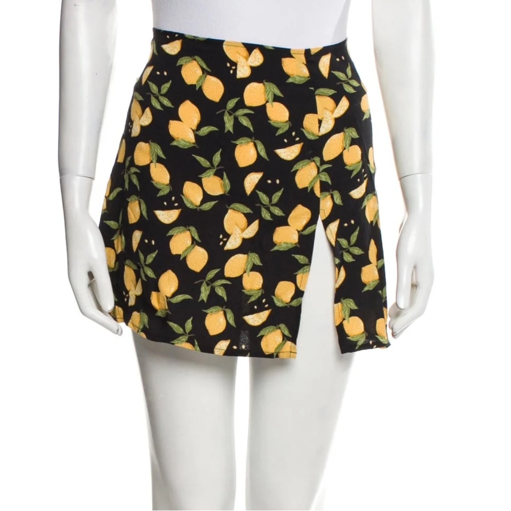 Reformation Lemon Print Black Mini Skirt 10